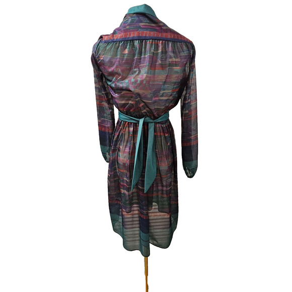 Vintage‎ Mavinette Women’s 70s Teal Belted Fit N Flare Sheer Dress Sz 4 Small - Picture 3 of 5